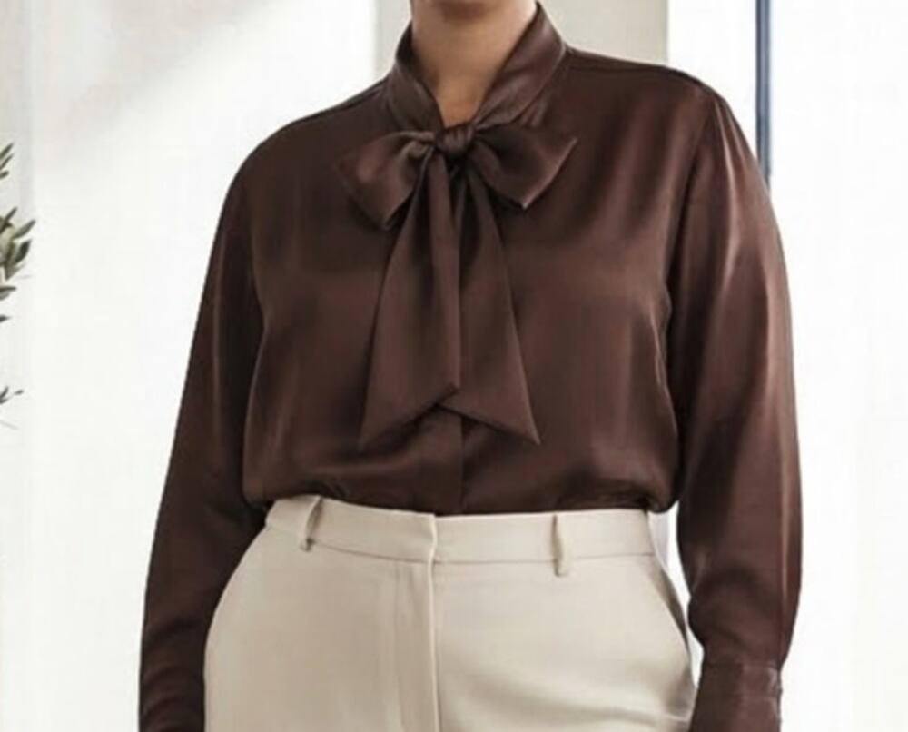 ASOS rich chocolate brown satin front tie neck bow blouse